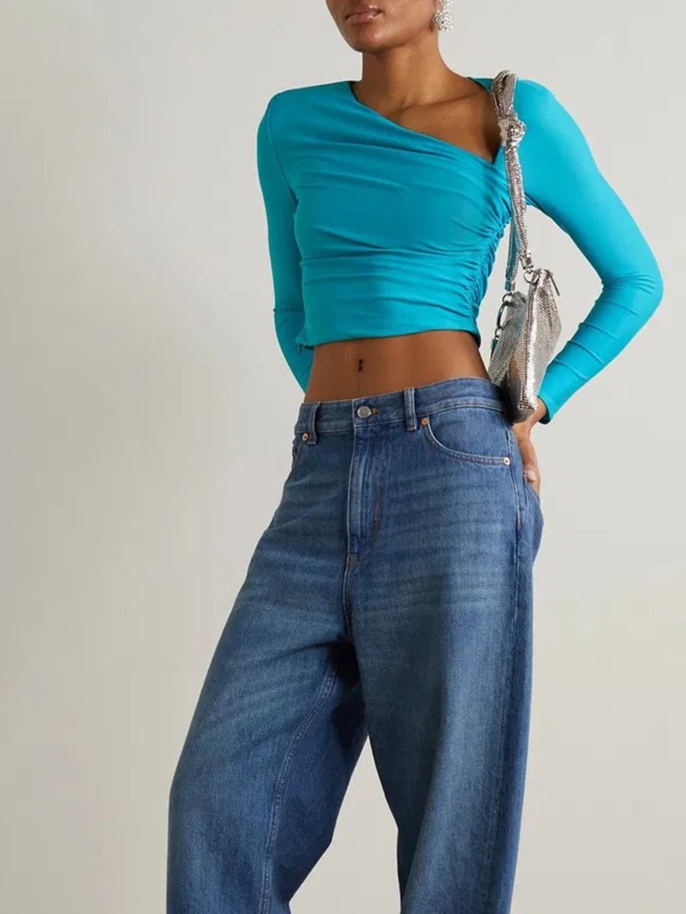 Self-Portrait Blue Jersey Ruched Top